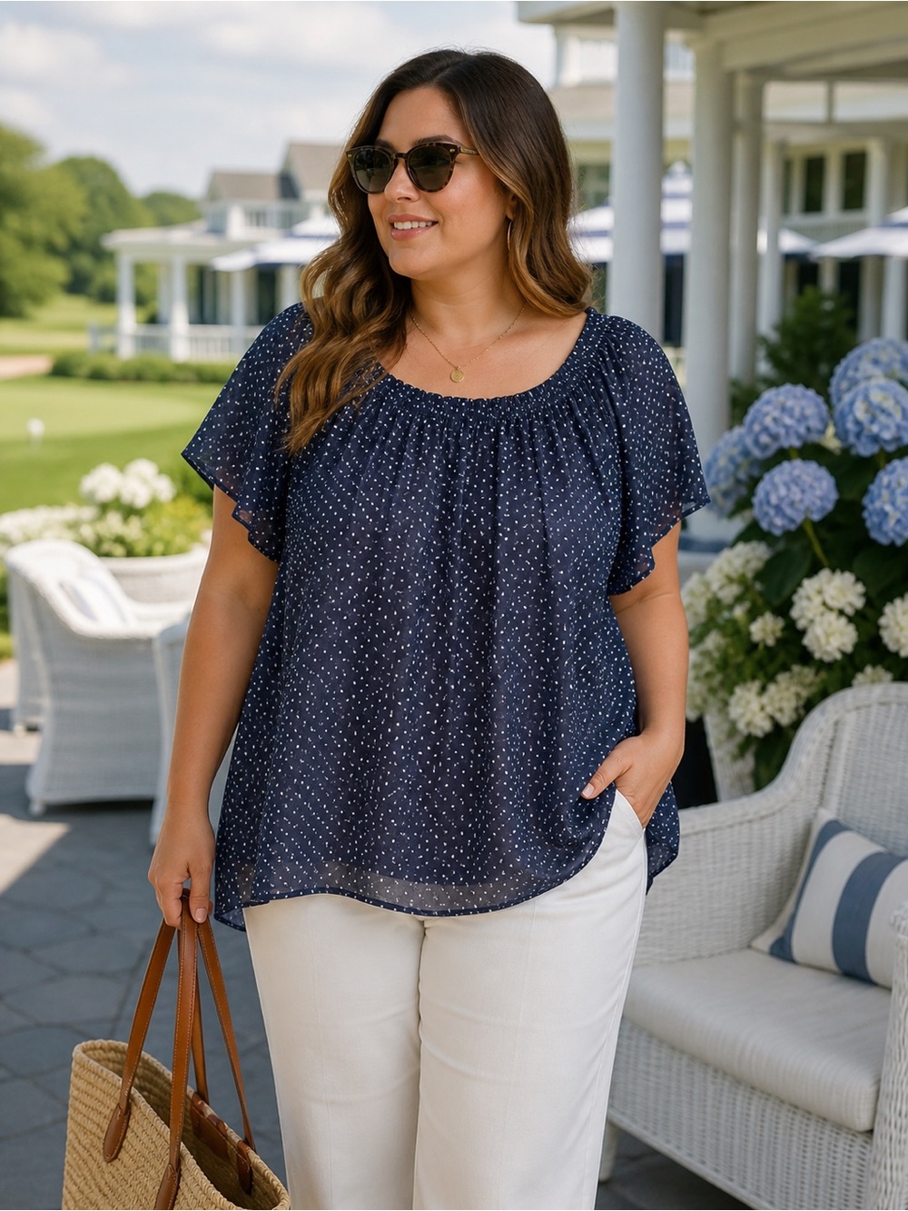 Chaps Navy Polka Dot Blouse XL Silky Flowy Top Short Sleeve Classic Preppy